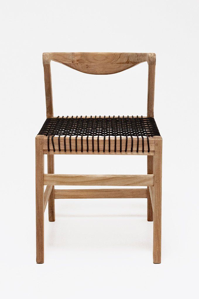 a wooden chair with black woven seat padding