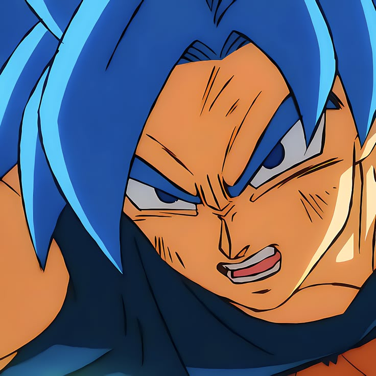 an image of gohan with blue hair and eyes looking at the camera while holding his hand up to his face