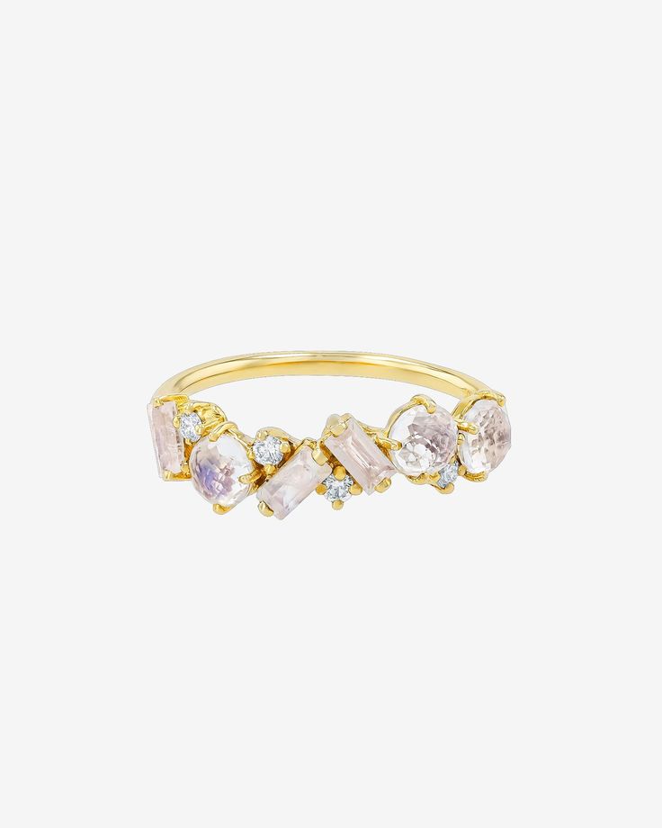 Kalan By Suzanne Kalan Amalfi Blend Rainbow Moonstone Half Band in 14k yellow gold Diamond Top, Baguette Cut, Color Swatches, Moon Stone, White Diamonds, Amalfi, Rainbow Moonstone, Diamond White, Rose Gold Ring