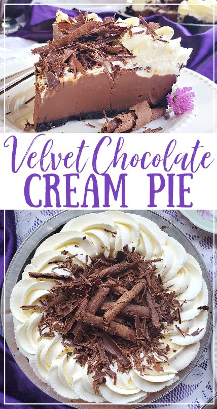 a chocolate cream pie on a plate with the words velvet chocolate cream pie above it