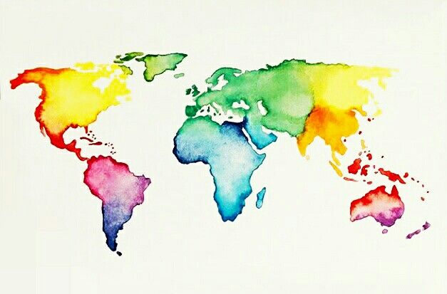 watercolor map of the world on white paper with red, green, yellow and blue colors