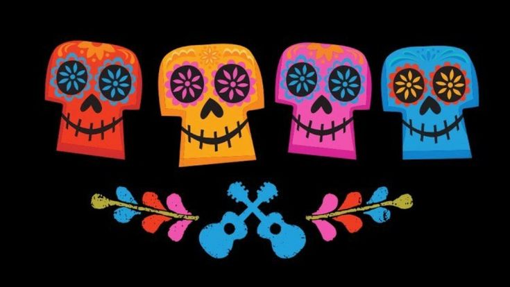 three sugar skulls with different colors and designs