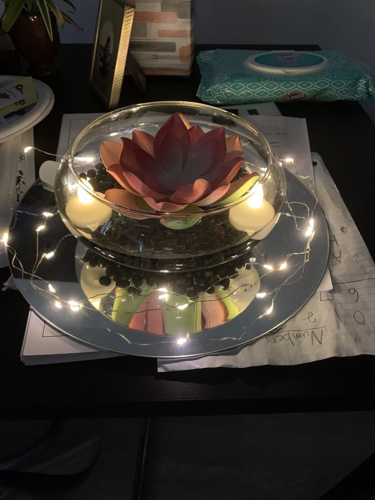 a glass platter filled with succulents and lights