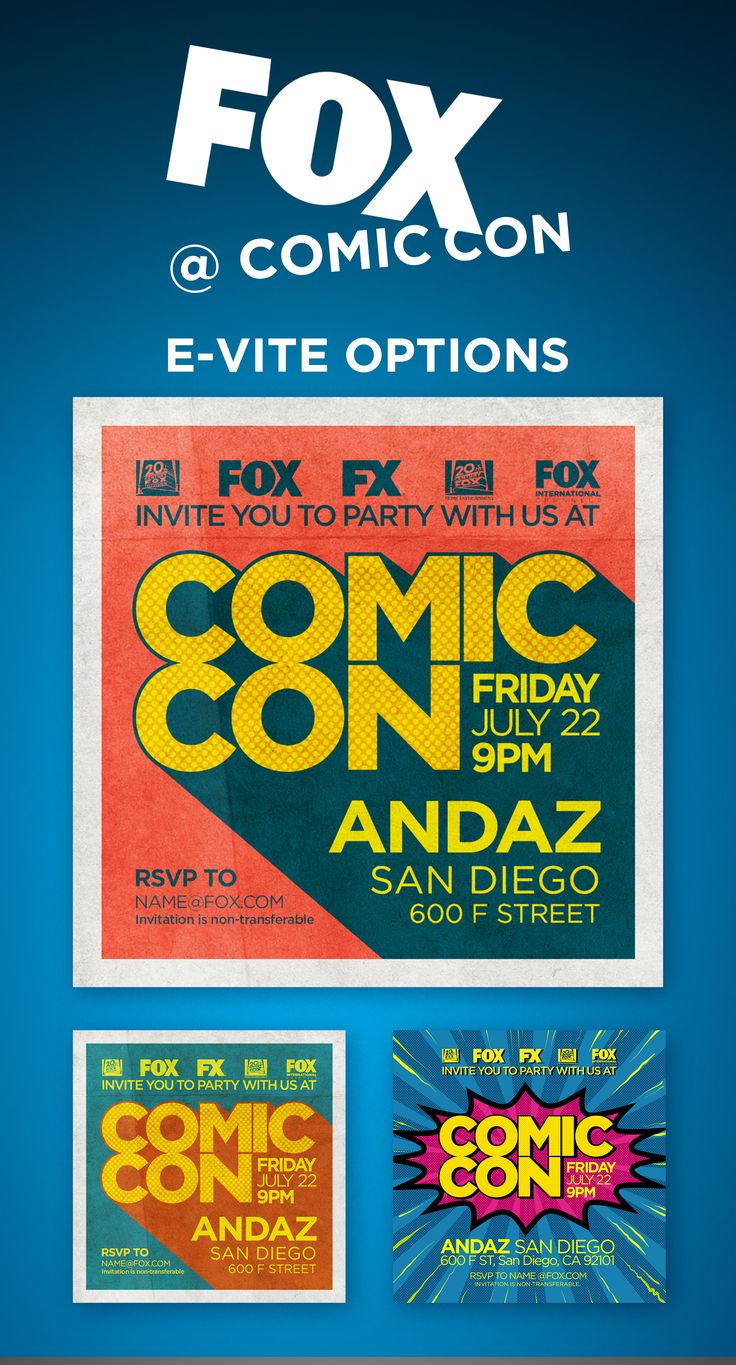 an advertisement for the comic convention is displayed on a blue background with white and yellow lettering