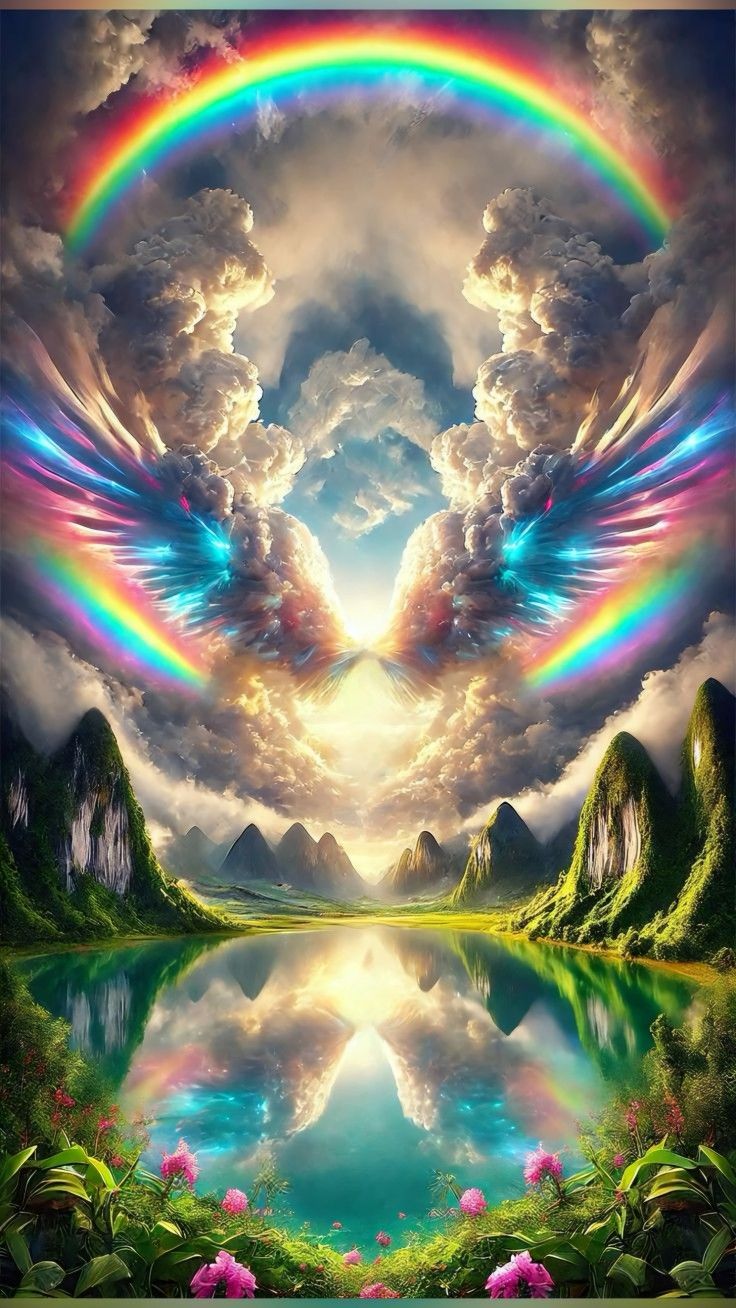 an image of a rainbow with wings in the sky above water and mountains behind it