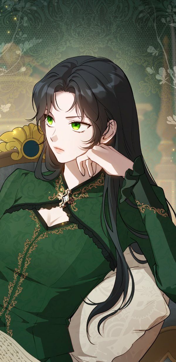 an anime character with long black hair and green eyes, wearing a green dress sitting on a chair