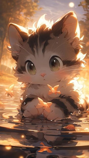 a kitten is sitting in the water and looking at something