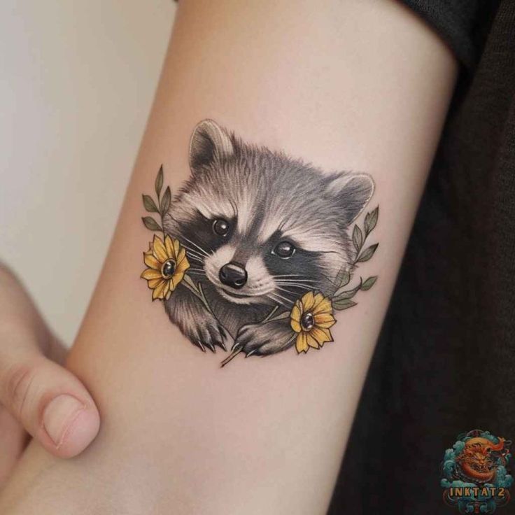 a raccoon with flowers on its arm