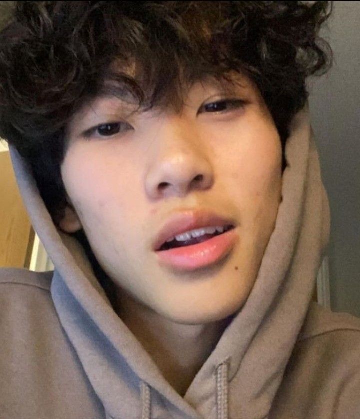 a young man with curly hair wearing a gray hoodie and looking at the camera