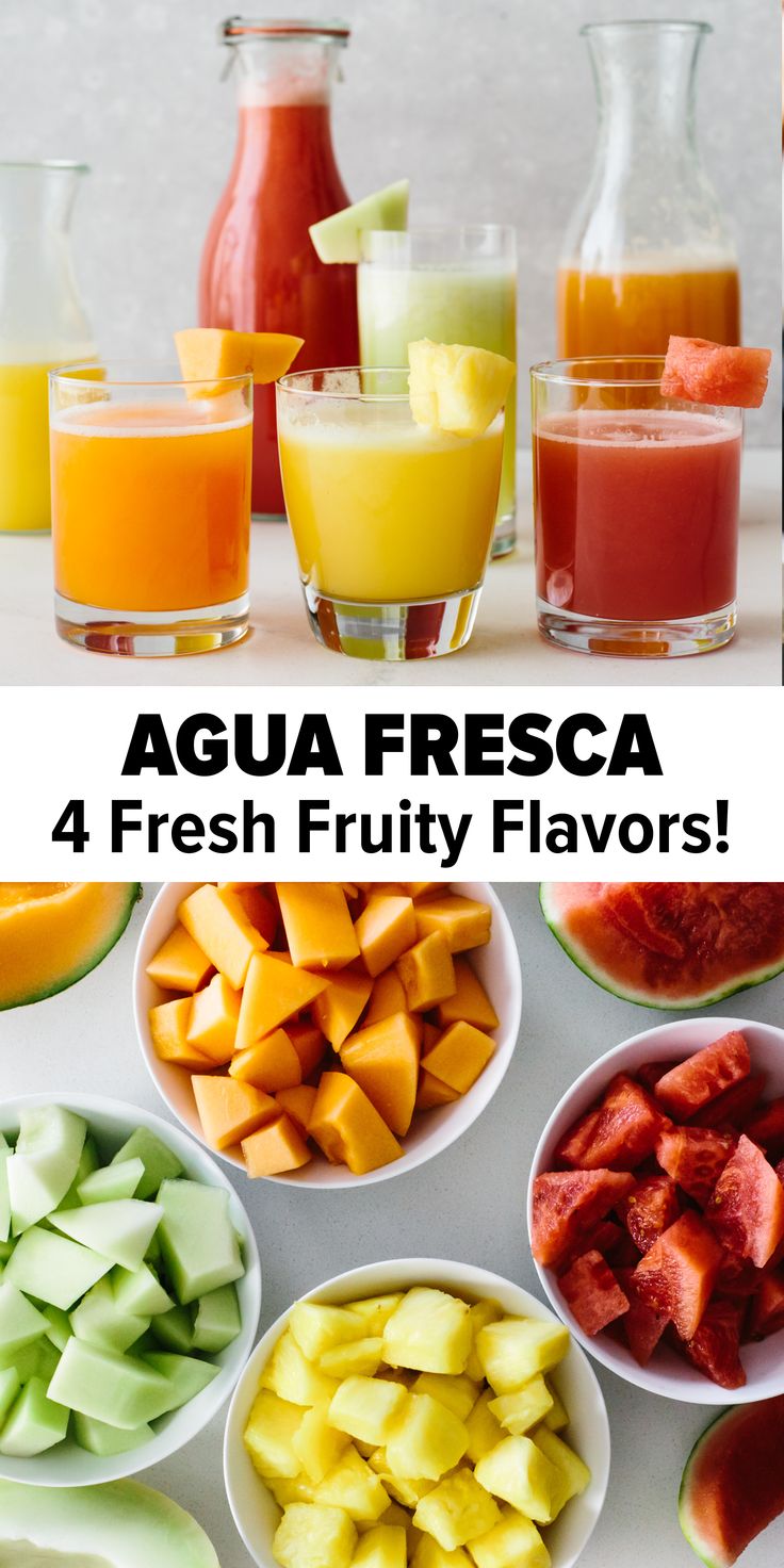 fresh fruit and juices are arranged in bowls on a white table with the words agua fresca