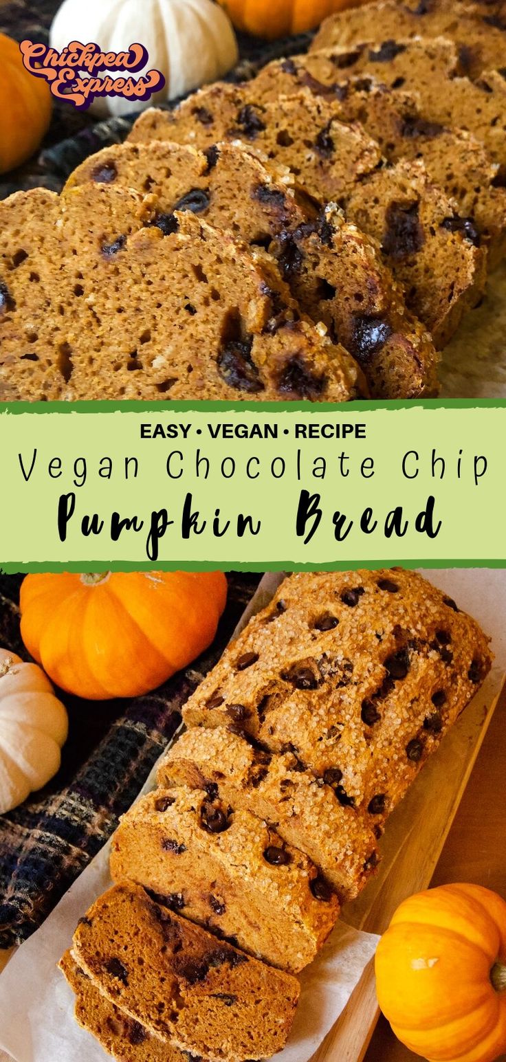 vegan chocolate chip pumpkin bread with text overlay