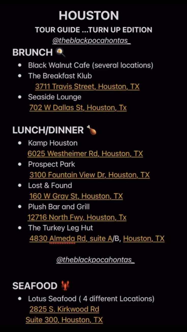 the menu for houston's tour guide