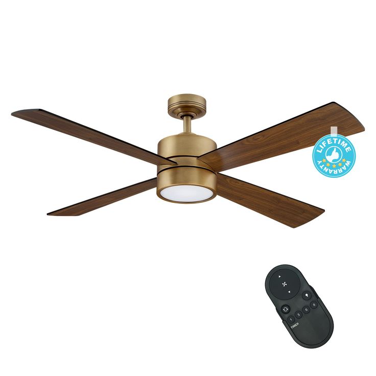 a ceiling fan with two remote controls and a light on the wall next to it