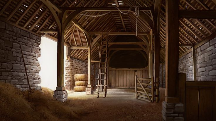 an old barn with hay bales in the floor and brick walls on either side