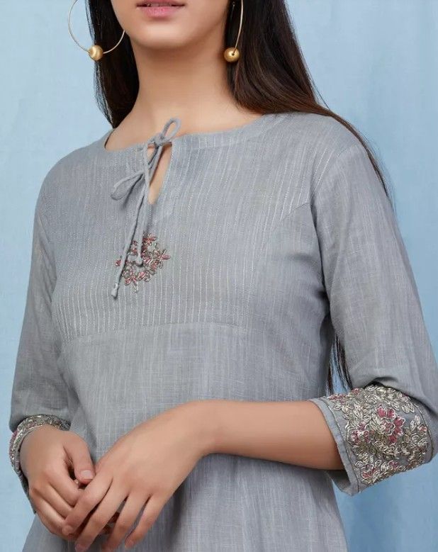 Beautiful detailing with hand work and dori. Embroidery Kurta Design, Kurti Casual, Kurta Embroidery, Khadi Kurta, Embroidery Kurta, Silk Kurti Designs, Kurtas For Women, Kurta Patterns, Best Blouse Designs