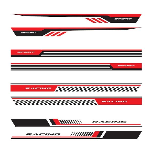 the front and rear side decals for racing cars, with red stripeing on each side