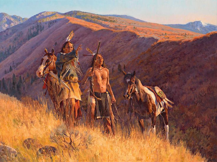 an oil painting of native american indians on horseback in the mountains with two young boys