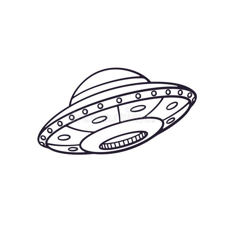 a hand drawn doodle of an alien ship or flying saucer, in black and white