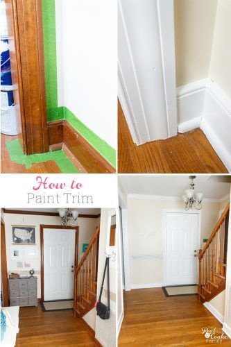 four different pictures of the same room with paint trimming and wood flooring in it