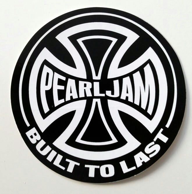 a black and white sticker with the words pearl jam built to last on it