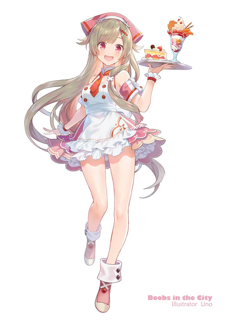 an anime character with long hair holding a plate and a drink in one hand, while wearing