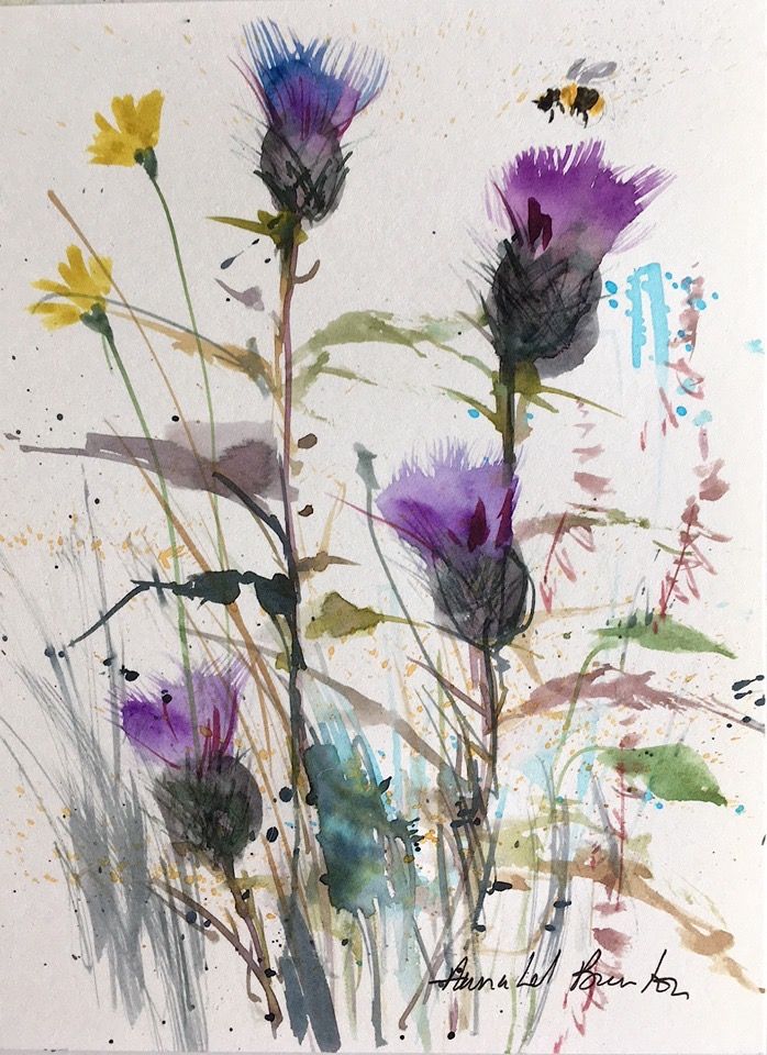 an artistic painting of purple flowers and bees