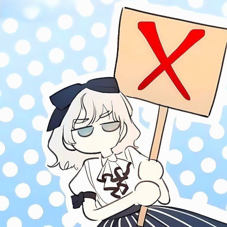 an anime character holding a sign with the x on it's face and eyes