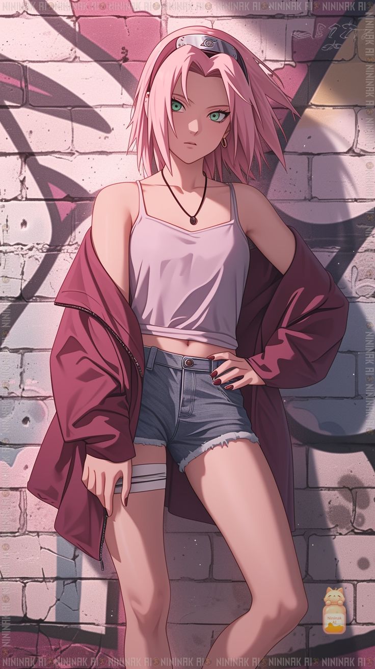 a girl with pink hair standing in front of a brick wall and wearing short shorts