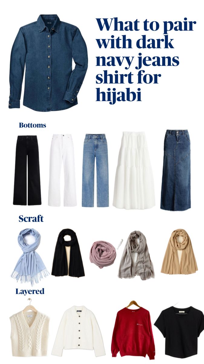 Navy jeans shirt for ideas for hijab style Kemeja Denim, Denim Ootd, Build A Capsule Wardrobe, Build Your Confidence, Navy Outfit, Denim Shirts, Hijabi Outfits Casual, T-shirt Refashion, Dress Appropriately