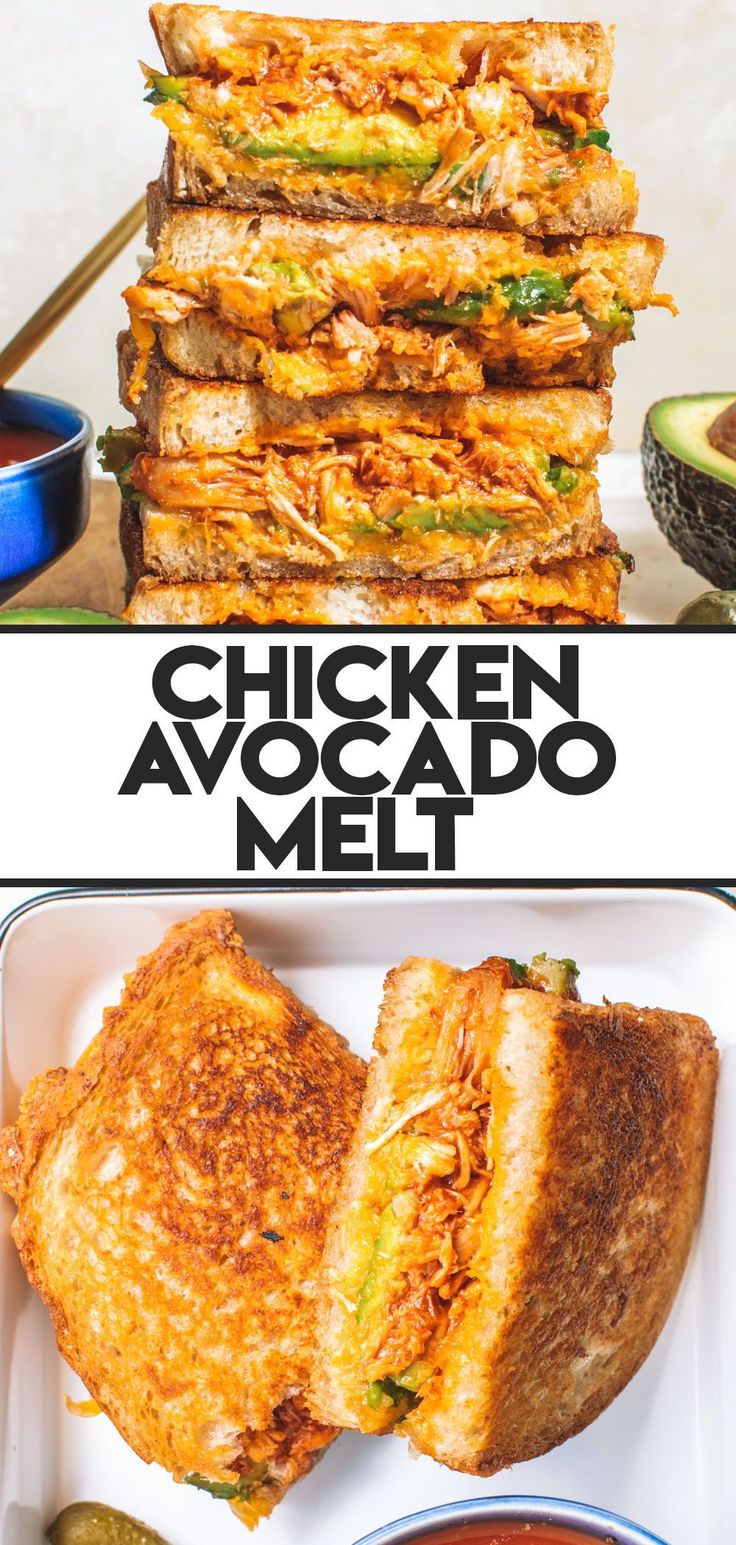 chicken avocado melt sandwich cut in half and stacked on top of each other