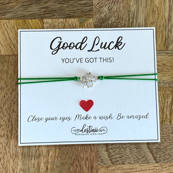 good luck you've got this bracelet with heart charm on green string and card