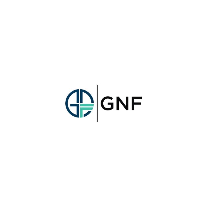 the logo for gnf is shown in blue and green letters on a white background