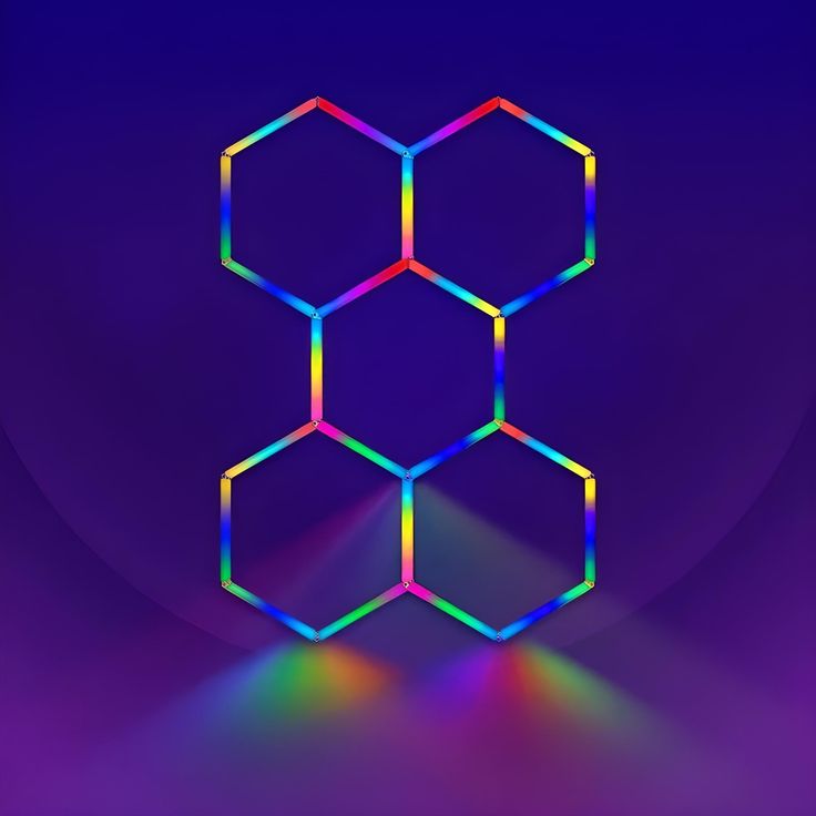 an abstract background with hexagonal shapes in rainbow and blue colors on a dark purple background