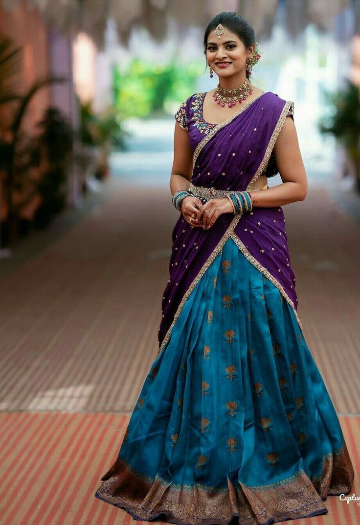 Pavadai Thavani Design, Half Saree Lehenga Color Combinations, Pavadai Thavani, Pattu Lehenga Half Saree, Half Saree Designs South Indian, Pattu Half Saree, Lehenga Color Combinations, Traditional Poses, Pattu Lehenga