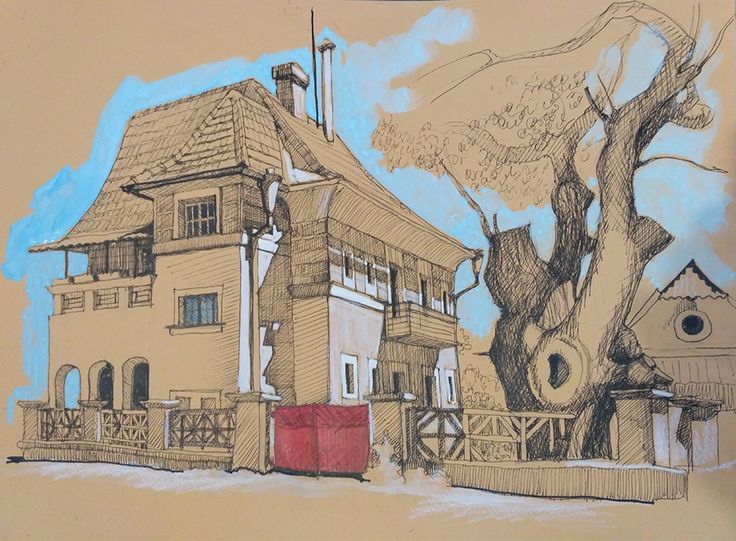 a drawing of a house with a tree in front of it and a red door