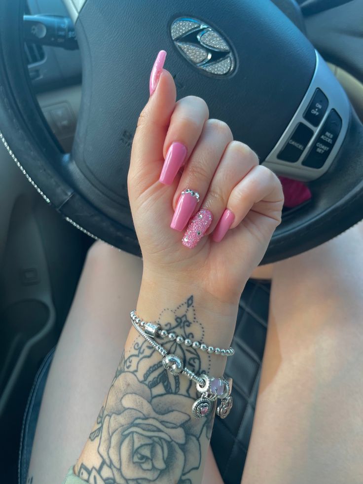 Pink Nail Set Ideas, Glittery Nails With Rhinestones, Pink Nails Crystals, Hot Pink Rhinestone Acrylic Nails, Light Pink Dark Pink Nails, Pink Nails With Glitter And Rhinestones, Pink Glittery Nails Acrylic, Pink Nails Ideas Birthday, Pink Nails Ideas With Diamonds