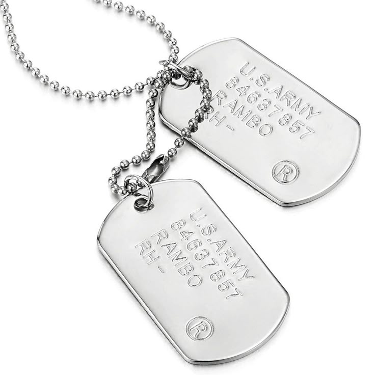 PRICES MAY VARY. Classic Two-Pieces Mens Military Army Dog Tag Pendant Necklace with 28 inches Ball Chain Metal: Alloy Finishing: Polished Dimension: Pendant: length: 10CM(3.94"); width: 3CM(1.18"); Chain length: 70CM(27.56"); Weight: 45g Package: Jewelry Box with Brand Name COOLSTEELANDBEYOND *Condition: 100% brand new
*Code: MP-595
*Metal: Alloy
*Finishing: Polished
*Chain: Alloy hollow ball chain
*Clasp: Barrel ball chain connector
*Dimension: Pendant: length: 10CM(3.94"); width: 3CM(1.18"); Army Dog Tags, Army Cake, Military Costume, Army Dog Tag, Army Dogs, Military Dog, Dog Tags Military, Dog Tag Pendant, Jewellery Necklaces