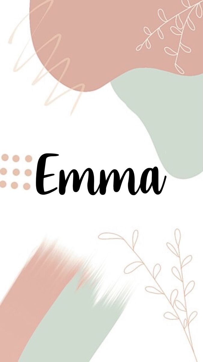 the word emma written in black ink on a white background with pink, green and blue