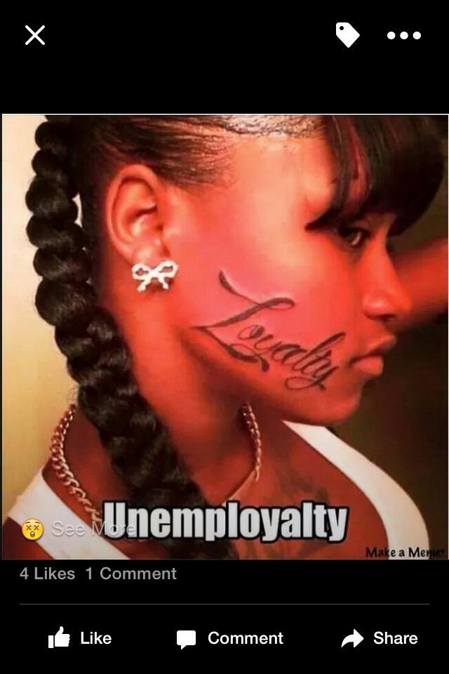 an image of a woman with tattoos on her face and the words unemployatty written in cursive writing