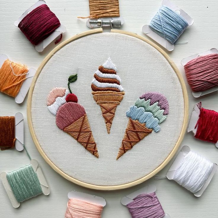 an embroidery project with ice cream cones and spools of thread