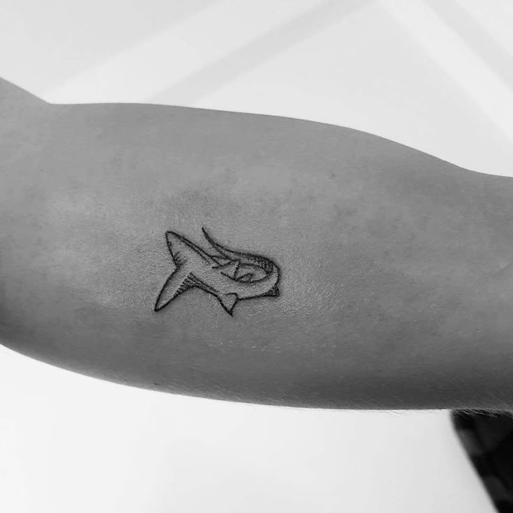 a black and white photo of a shark tattoo on the arm