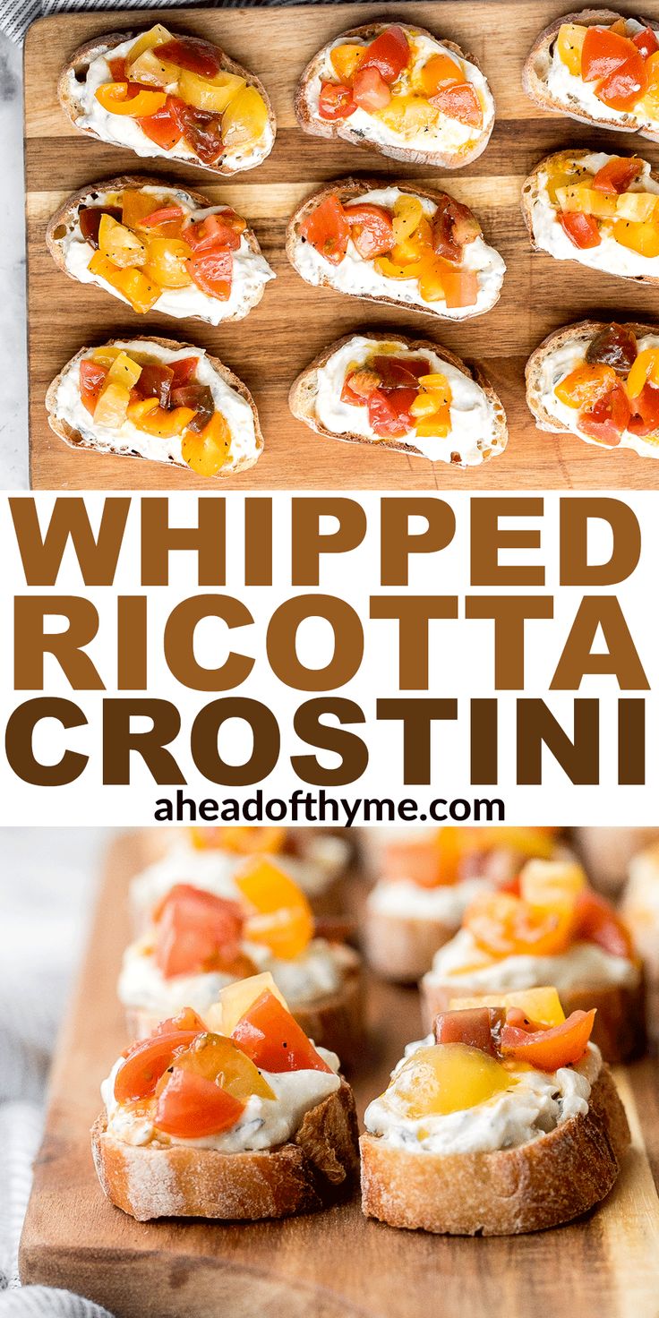 a wooden cutting board topped with mini ricotta crostini