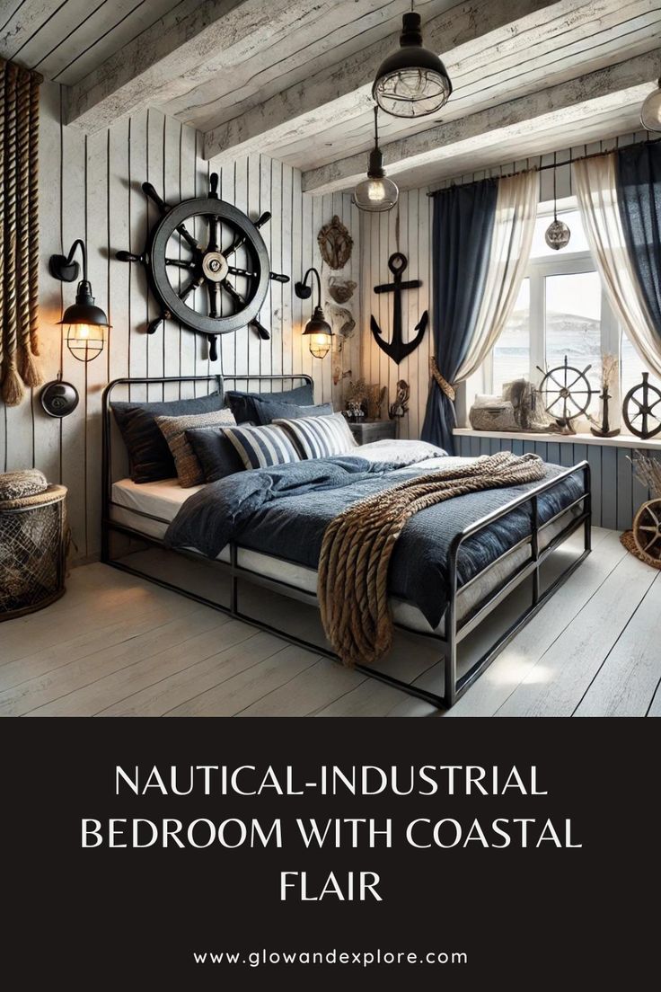 an industrial bedroom with coastal flair