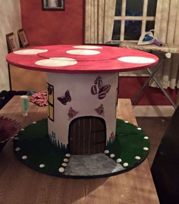 a mushroom shaped house on top of a wooden table