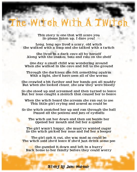 the witch with a twish poem written in orange and black on a white background