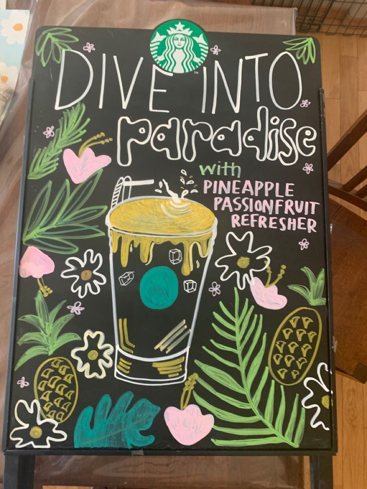 a sign with the words dive into paradise and pineapple fruit refresher on it