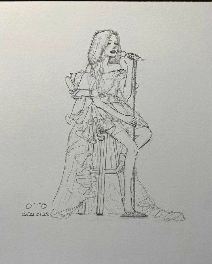 a pencil drawing of a woman sitting on a chair with a microphone in her hand