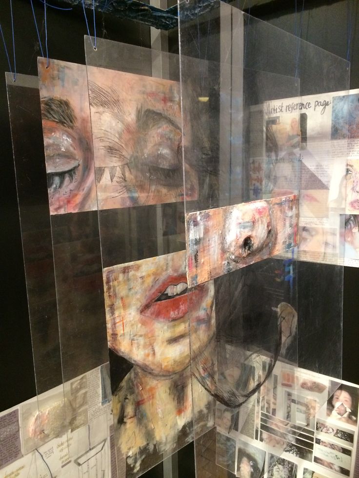 an art exhibit with multiple images and pictures on the wall, including a woman's face