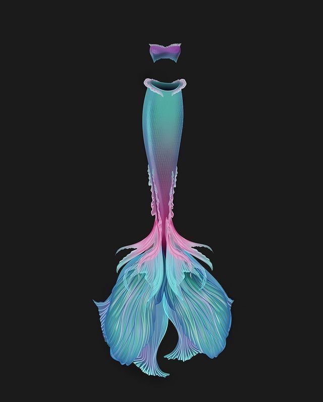 an image of a mermaid tail with pink and blue colors on the bottom, sitting in front of a black background