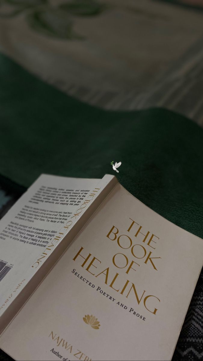 an open book laying on top of a bed next to a green blanket and pillow